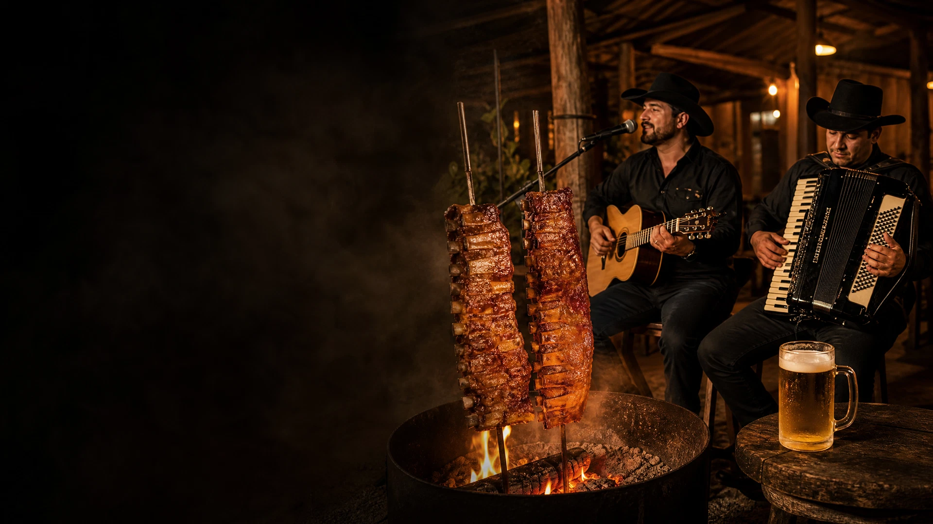Cantor sertanejo com violão e sanfoneiro ao lado de espetos de costela no fogo de chão